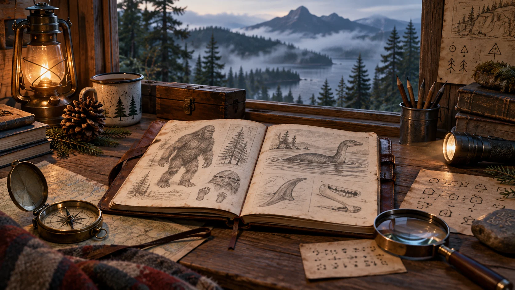Creature sketches, a compass, and a magnifying glass cover an investigator's desk