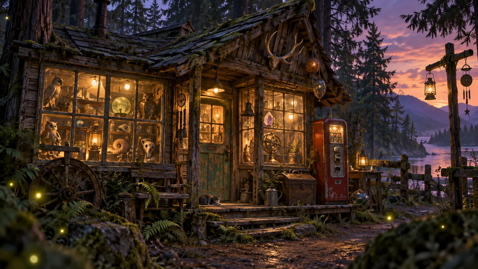 A ramshackle roadside curiosity shop glows in the woods at dusk