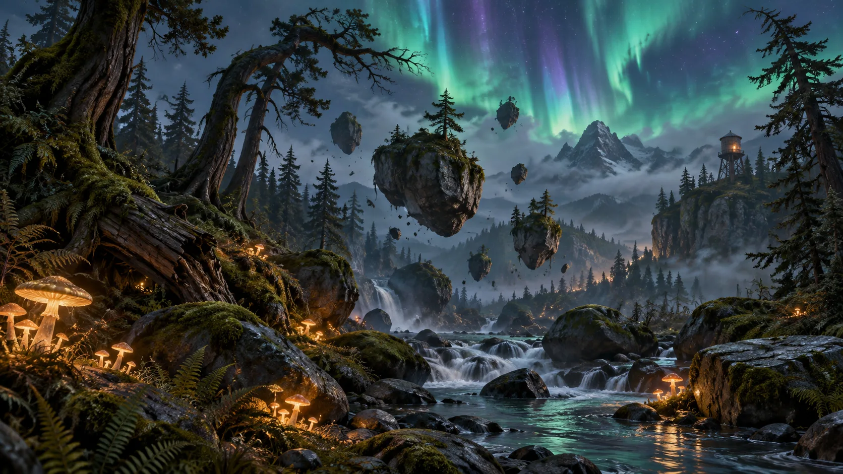 Floating rocks hover above a glowing forest creek beneath an aurora