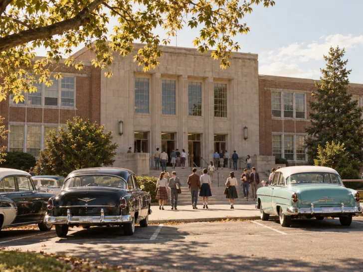1950s American high school entrance with classic cars outside