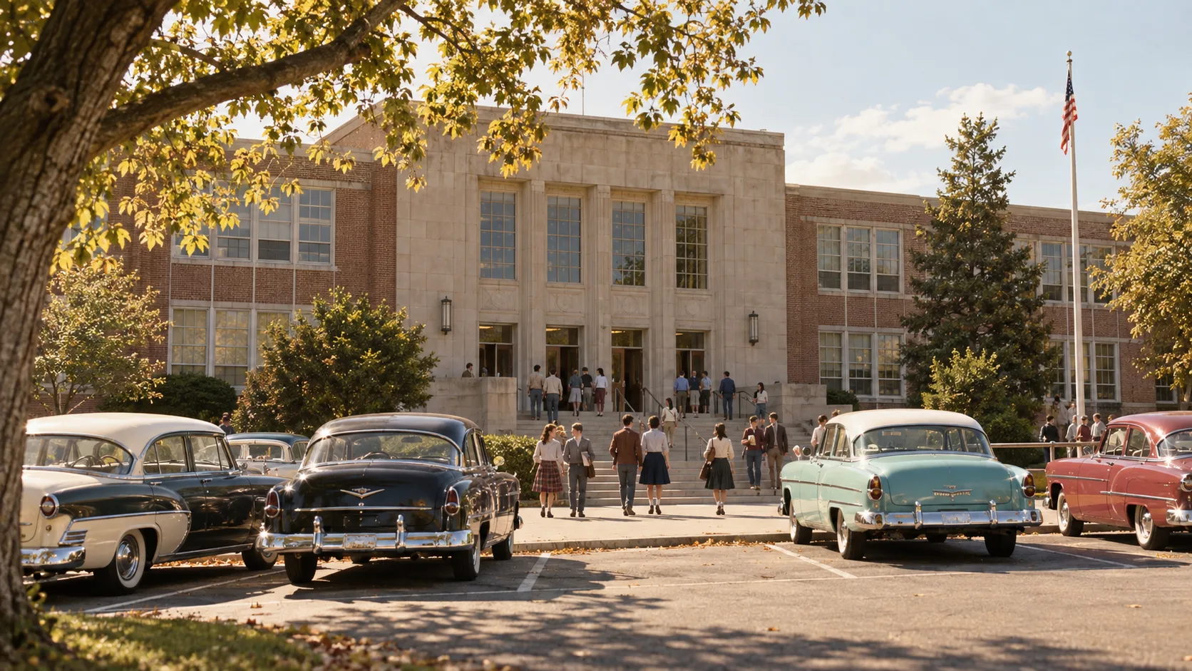 1950s American high school entrance with classic cars outside