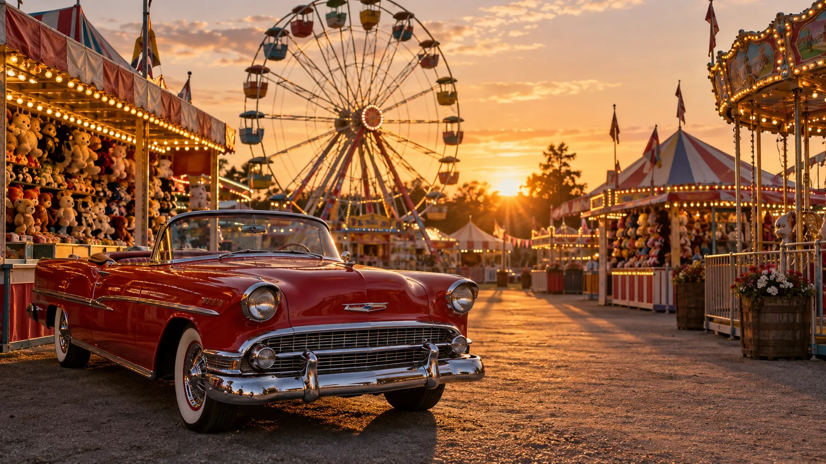 Vintage carnival midway with a Ferris wheel and red convertible