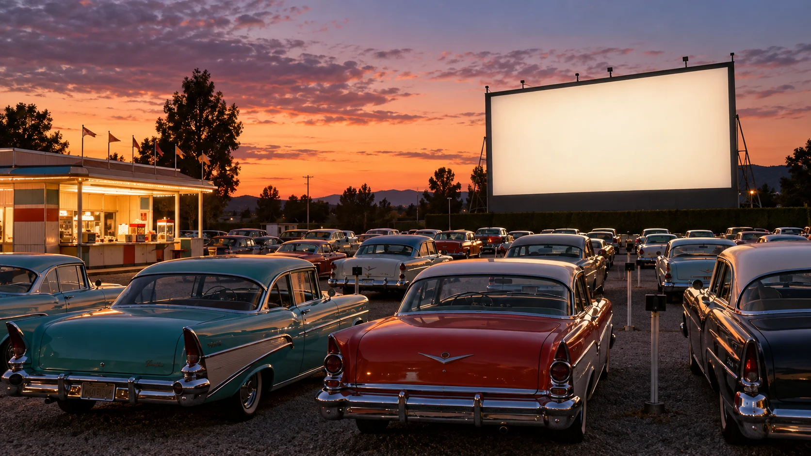 1950s drive-in movie theater filled with colorful classic cars