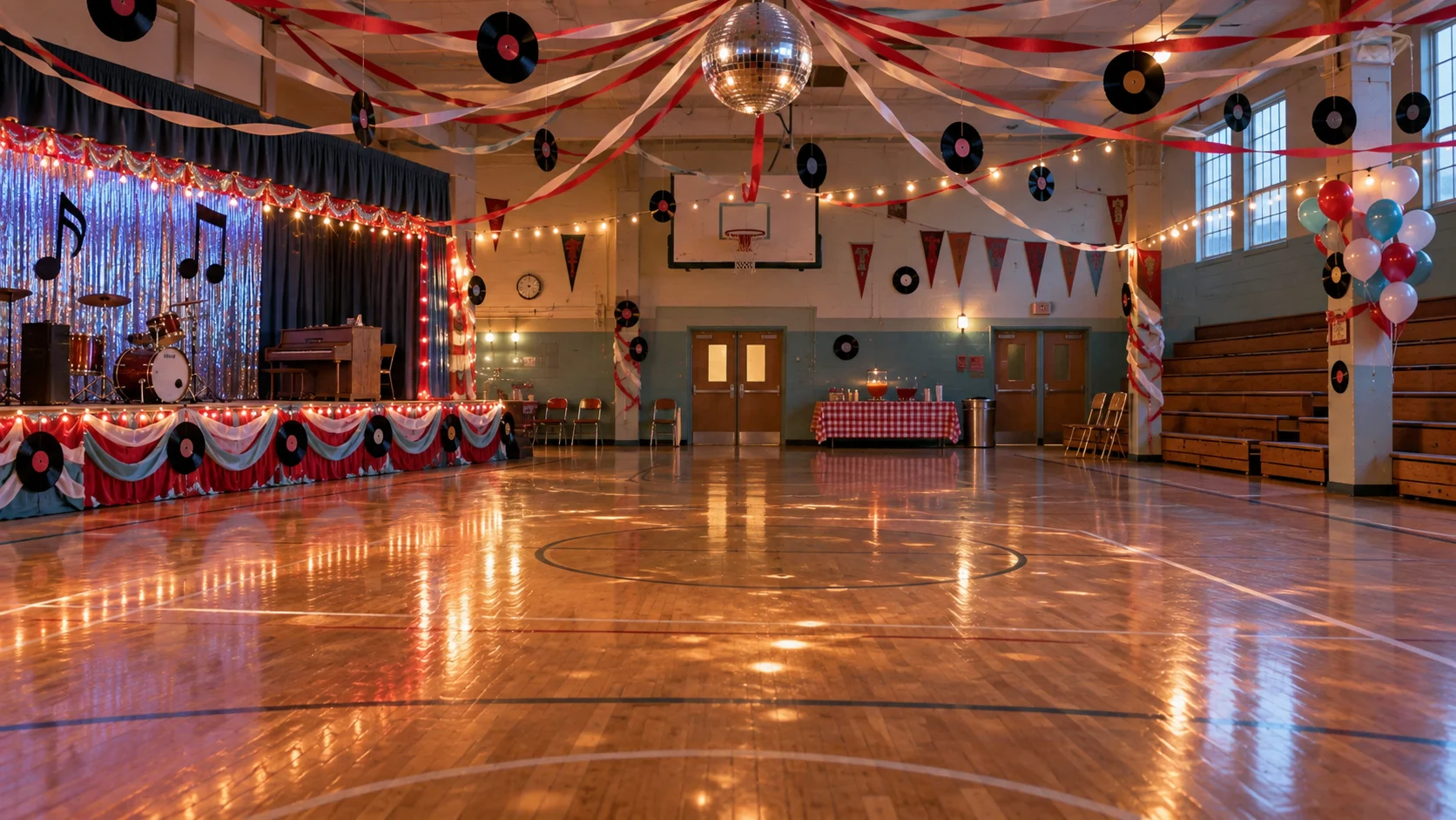 High school gym decorated for a 1950s dance