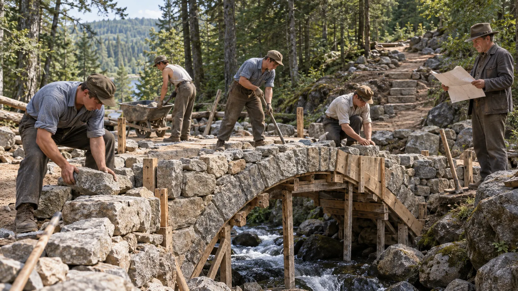Civilian Conservation Corps workers building a stone bridge in a forest