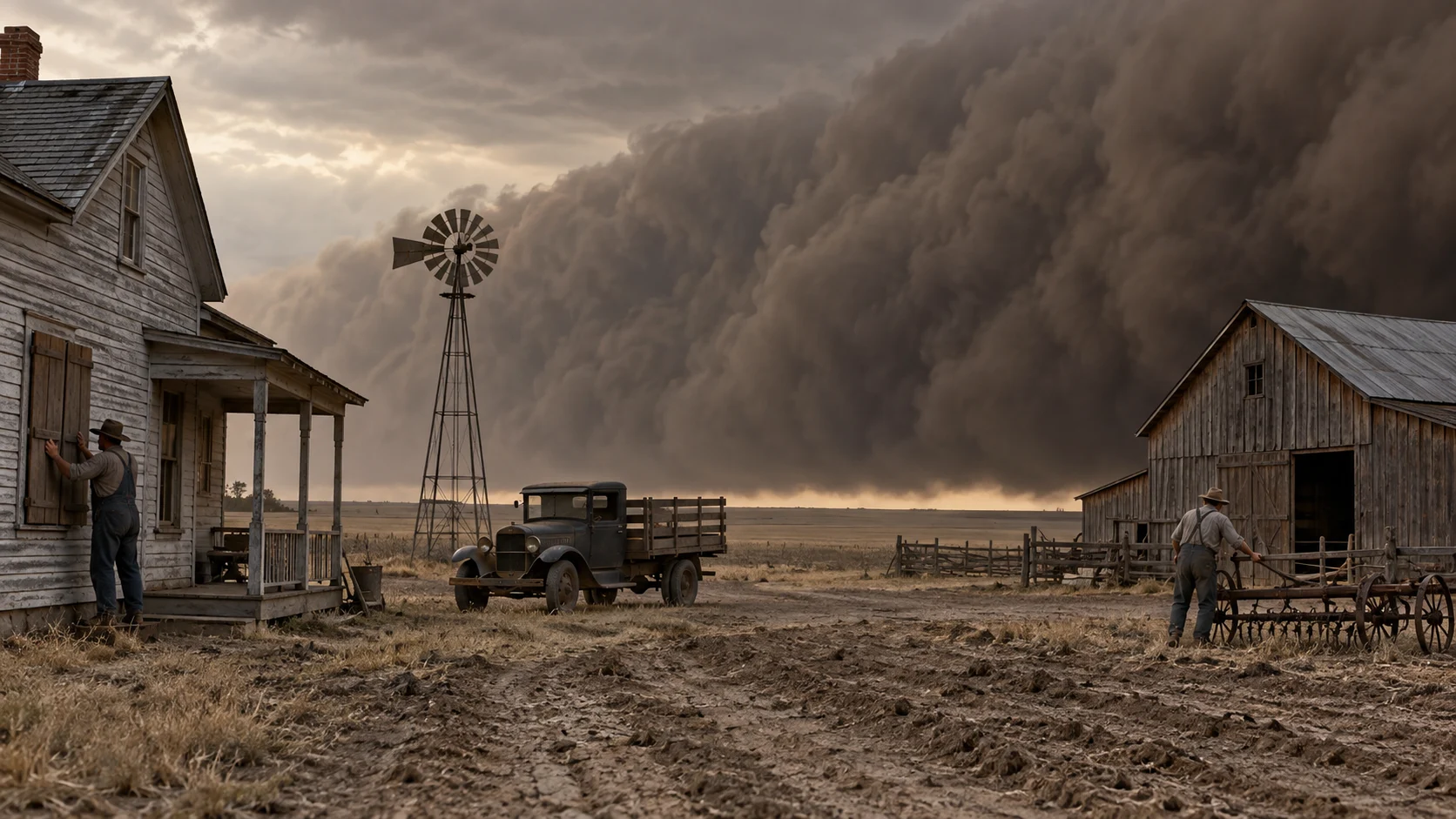 Farmers securing a Great Plains homestead as a Dust Bowl storm approaches