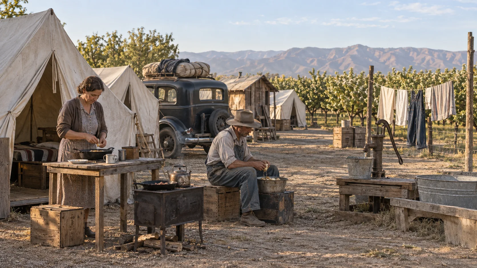 Farmworkers preparing breakfast at a 1930s California migrant camp