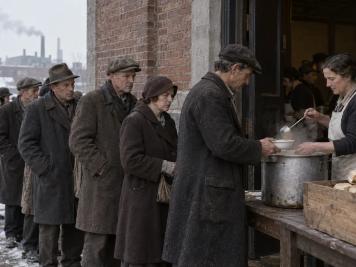 Volunteers serving soup and bread to a Depression-era community line