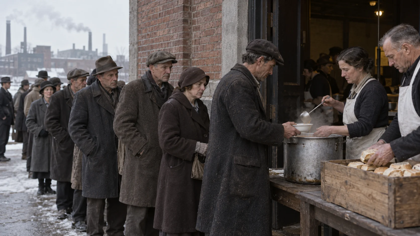 Volunteers serving soup and bread to a Depression-era community line
