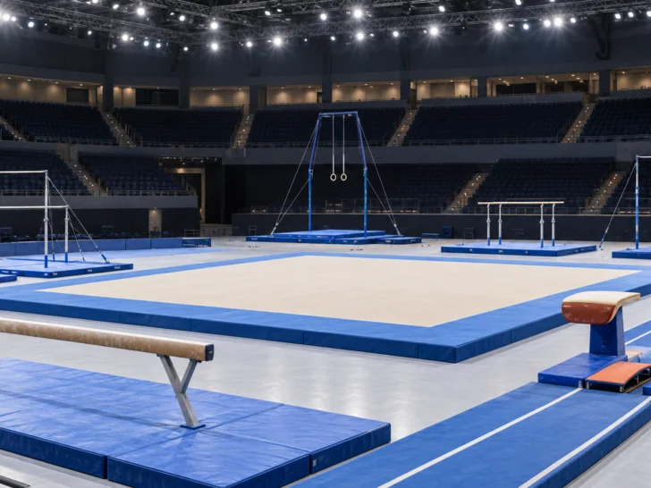 Empty gymnastics arena arranged with artistic competition apparatus