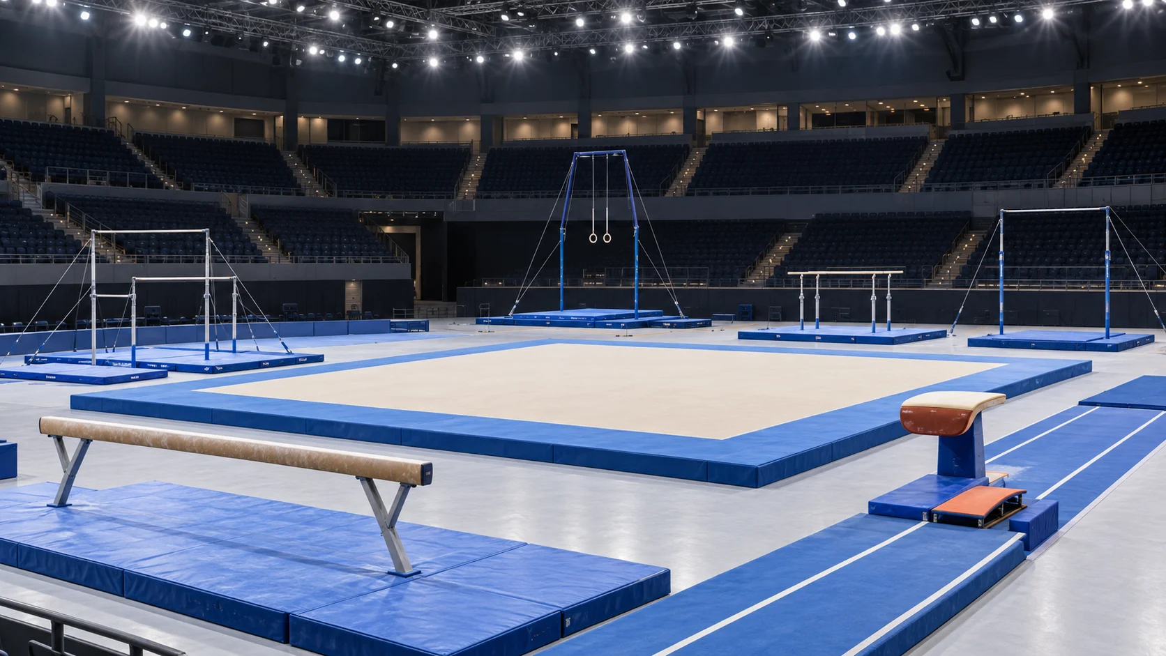Empty gymnastics arena arranged with artistic competition apparatus