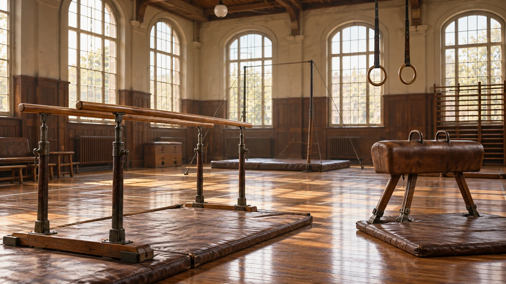 Historic gymnastics hall with wooden parallel bars, rings, and pommel horse
