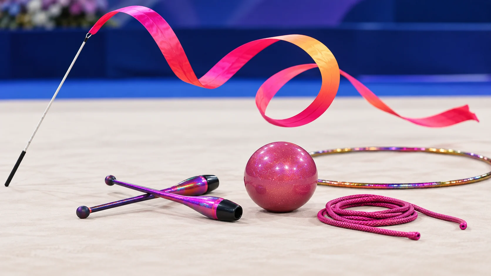 Colorful ribbon, hoop, ball, clubs, and rope on a rhythmic gymnastics floor