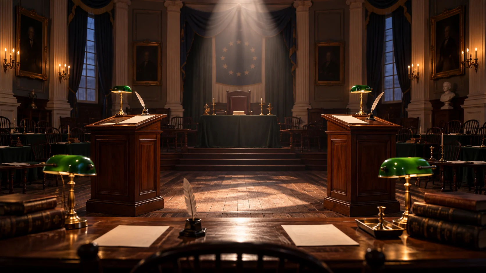 Two opposing lecterns and blank papers under dramatic lights in a debate chamber