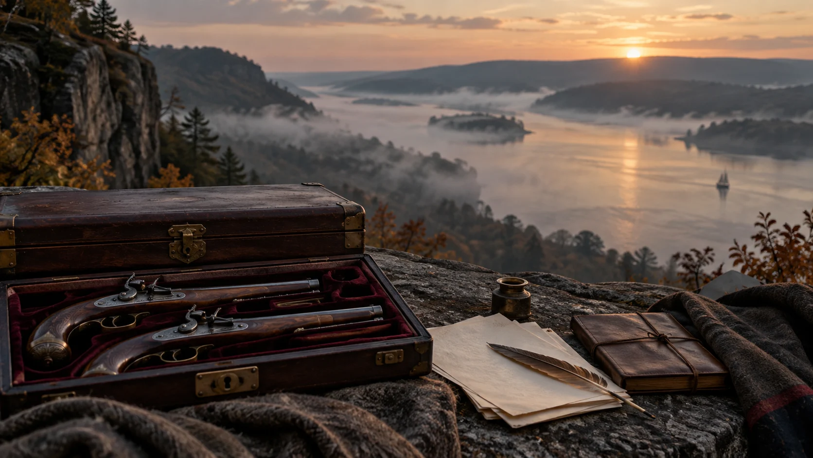 Closed velvet pistol case and blank letters on a misty Hudson River bluff