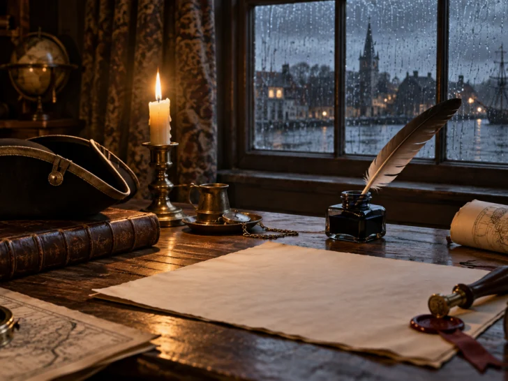 Quill blank parchment tricorn hat and candle on a Revolutionary-era desk