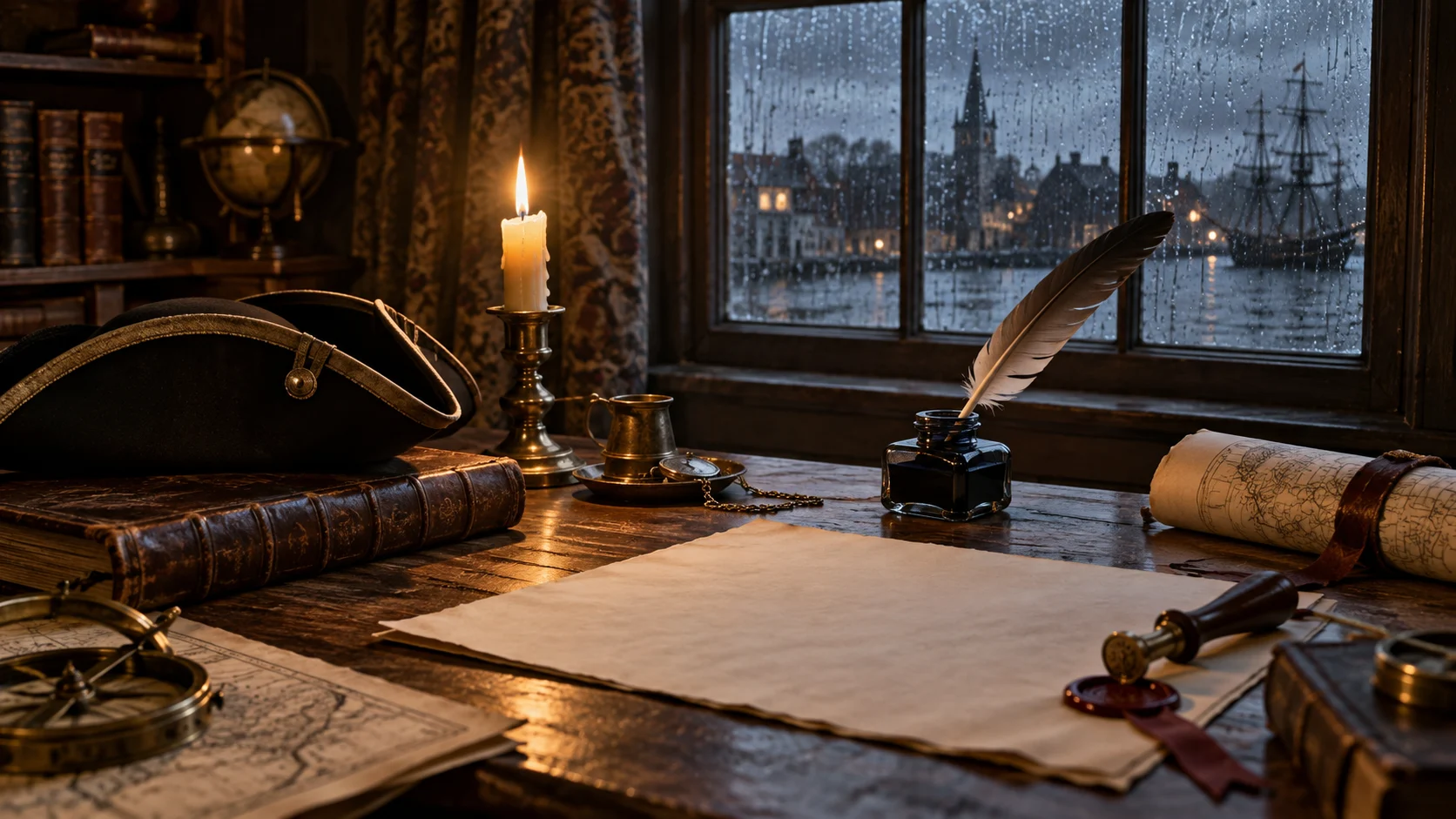 Quill blank parchment tricorn hat and candle on a Revolutionary-era desk