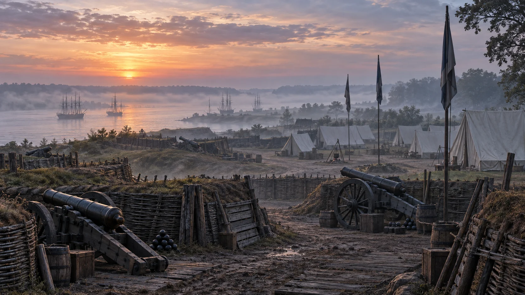 Misty Revolutionary War encampment with tents cannon and earthworks at dawn