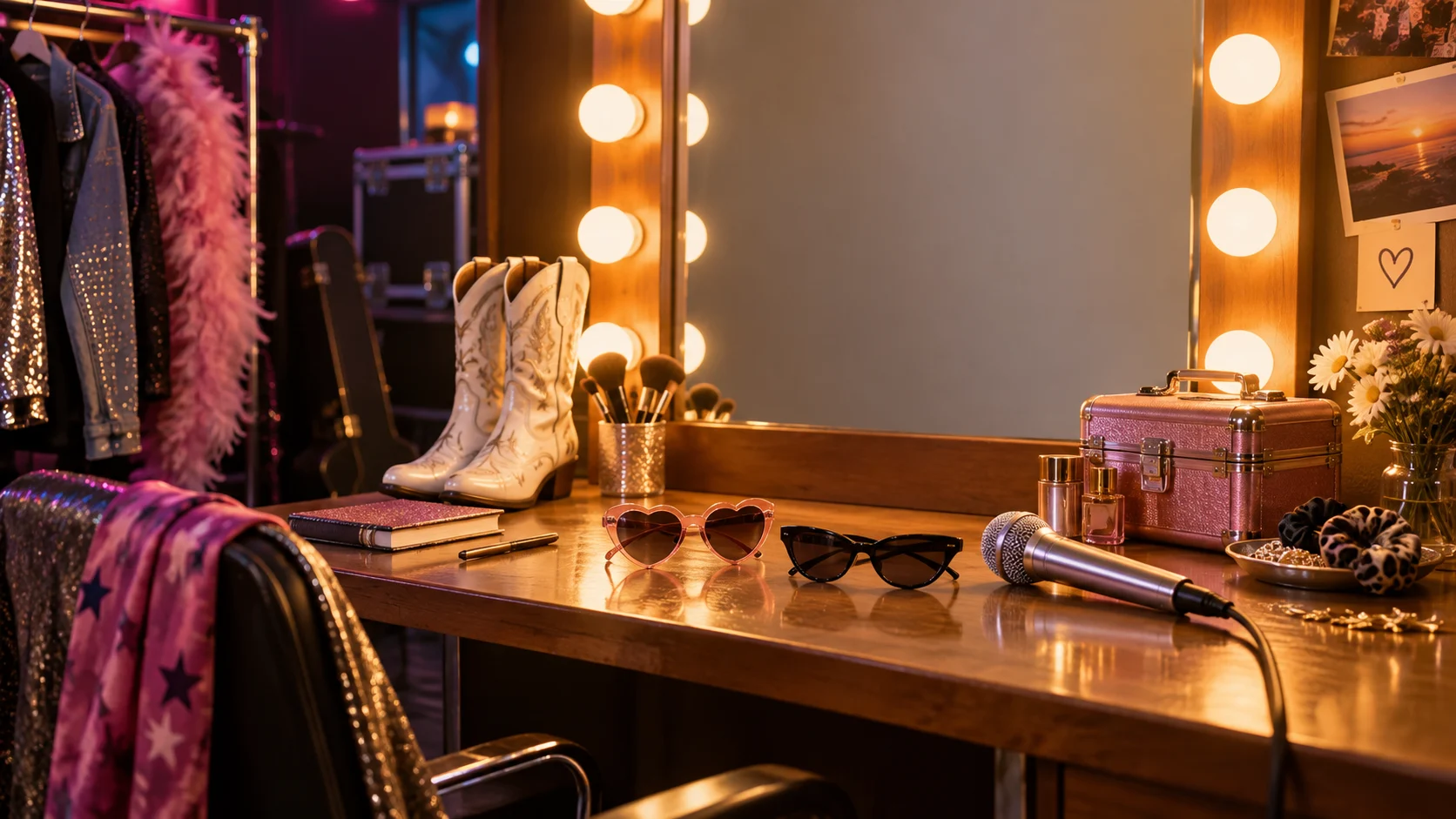 A backstage vanity holds sunglasses, boots, and a microphone