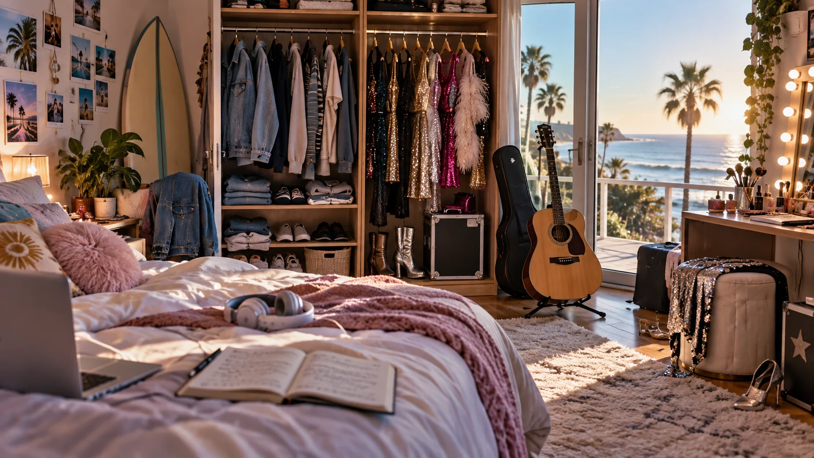 A Malibu bedroom wardrobe mixes casual clothes with stage outfits