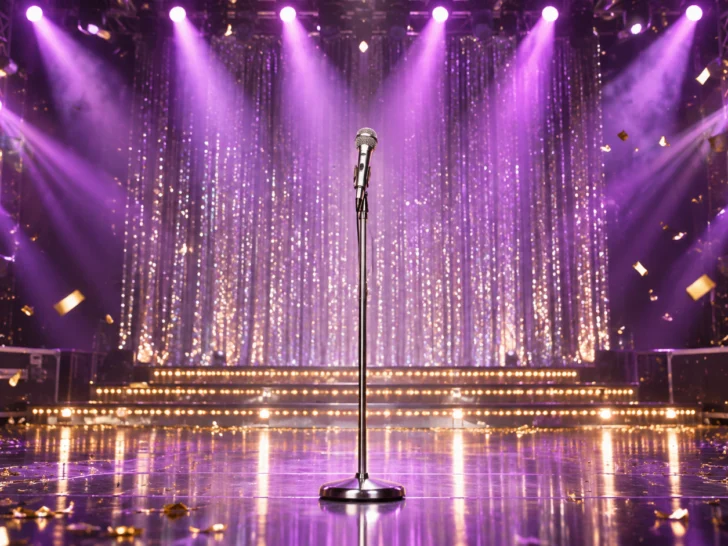 An empty pop stage sparkles beneath purple spotlights