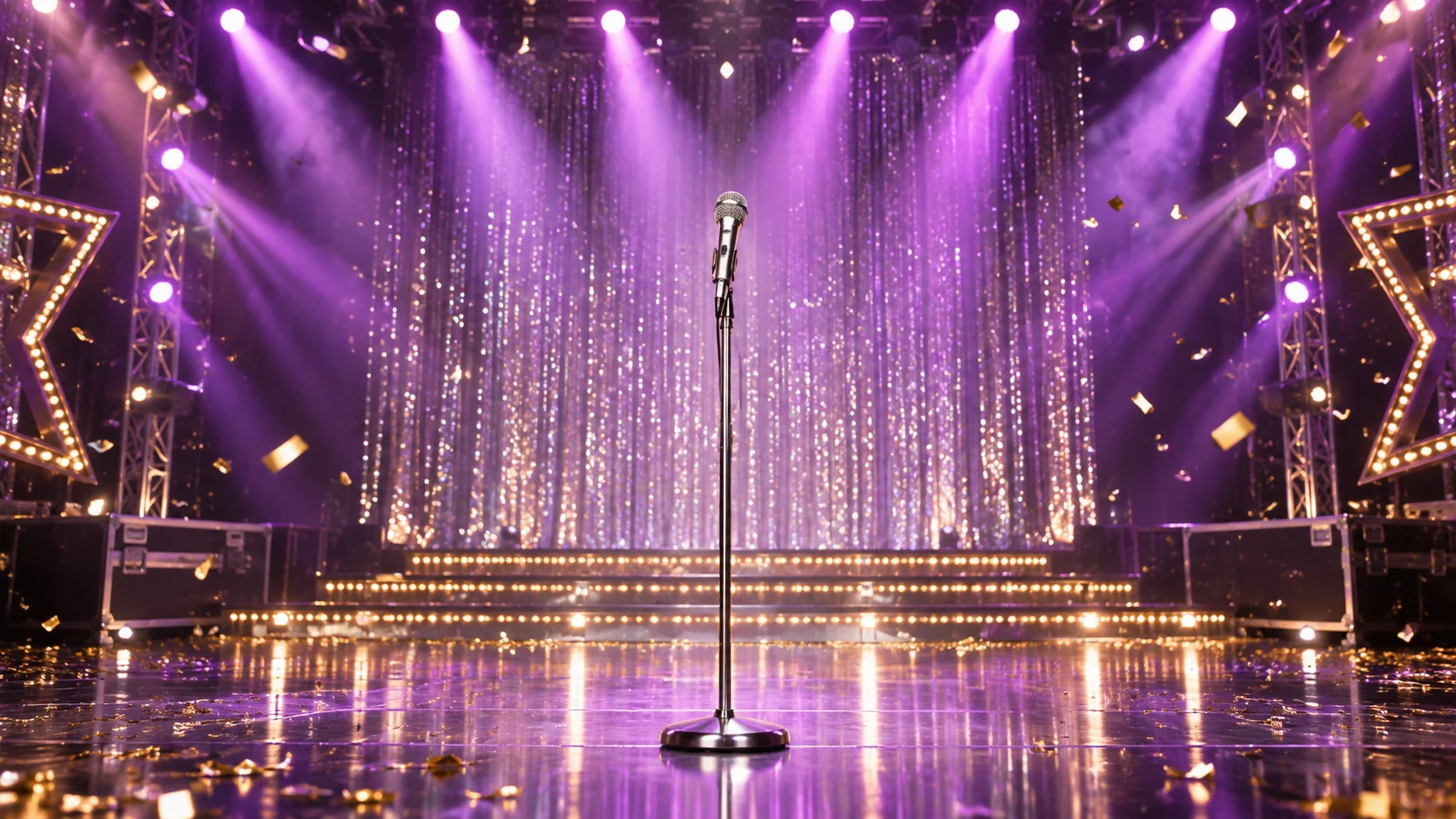 An empty pop stage sparkles beneath purple spotlights