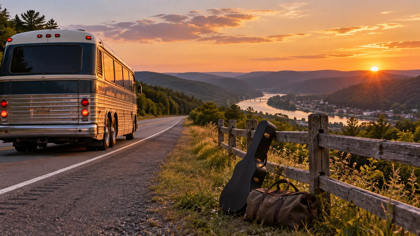 A tour bus and guitar case pause beside a Tennessee highway