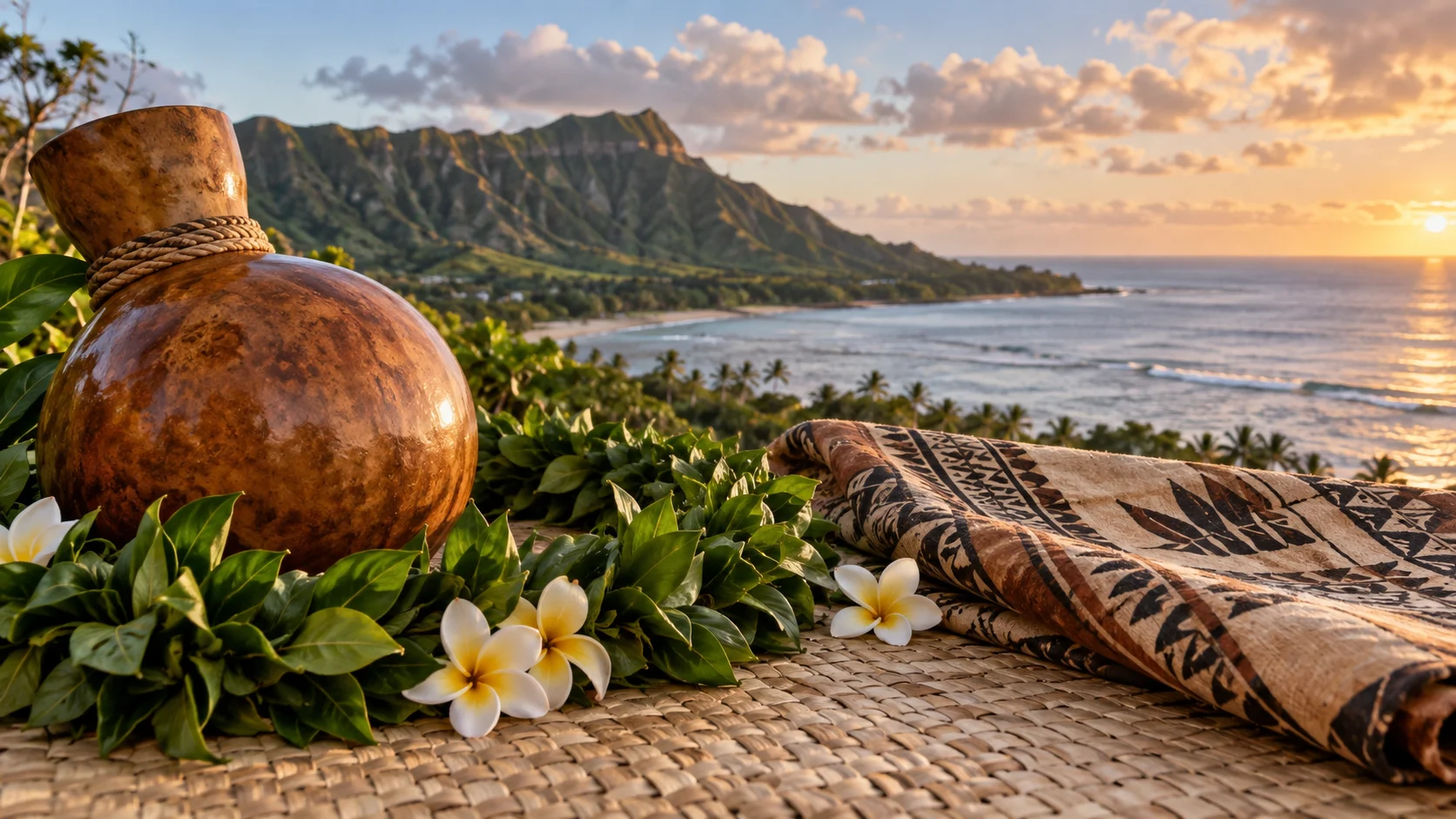 A lei, ipu gourd, and kapa cloth rest on a lauhala mat