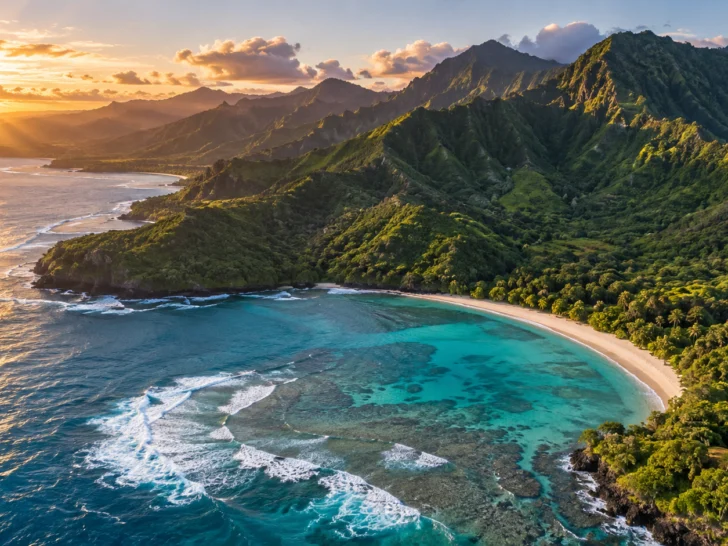 A lush Hawaiian coast and turquoise reef glow at sunrise