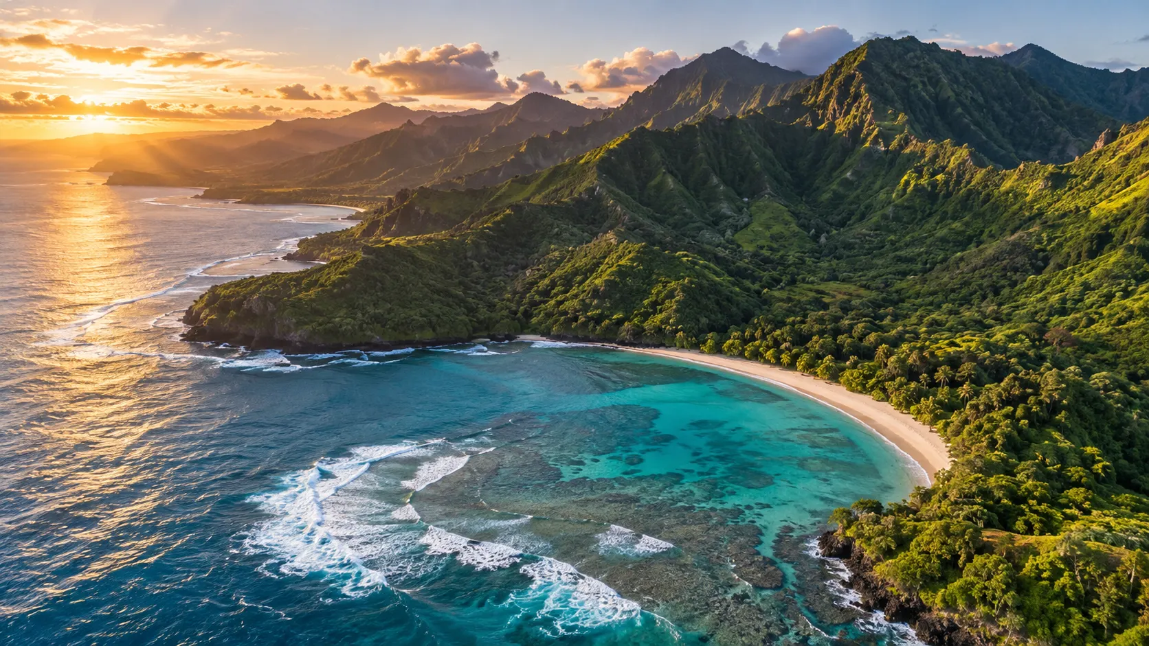 A lush Hawaiian coast and turquoise reef glow at sunrise