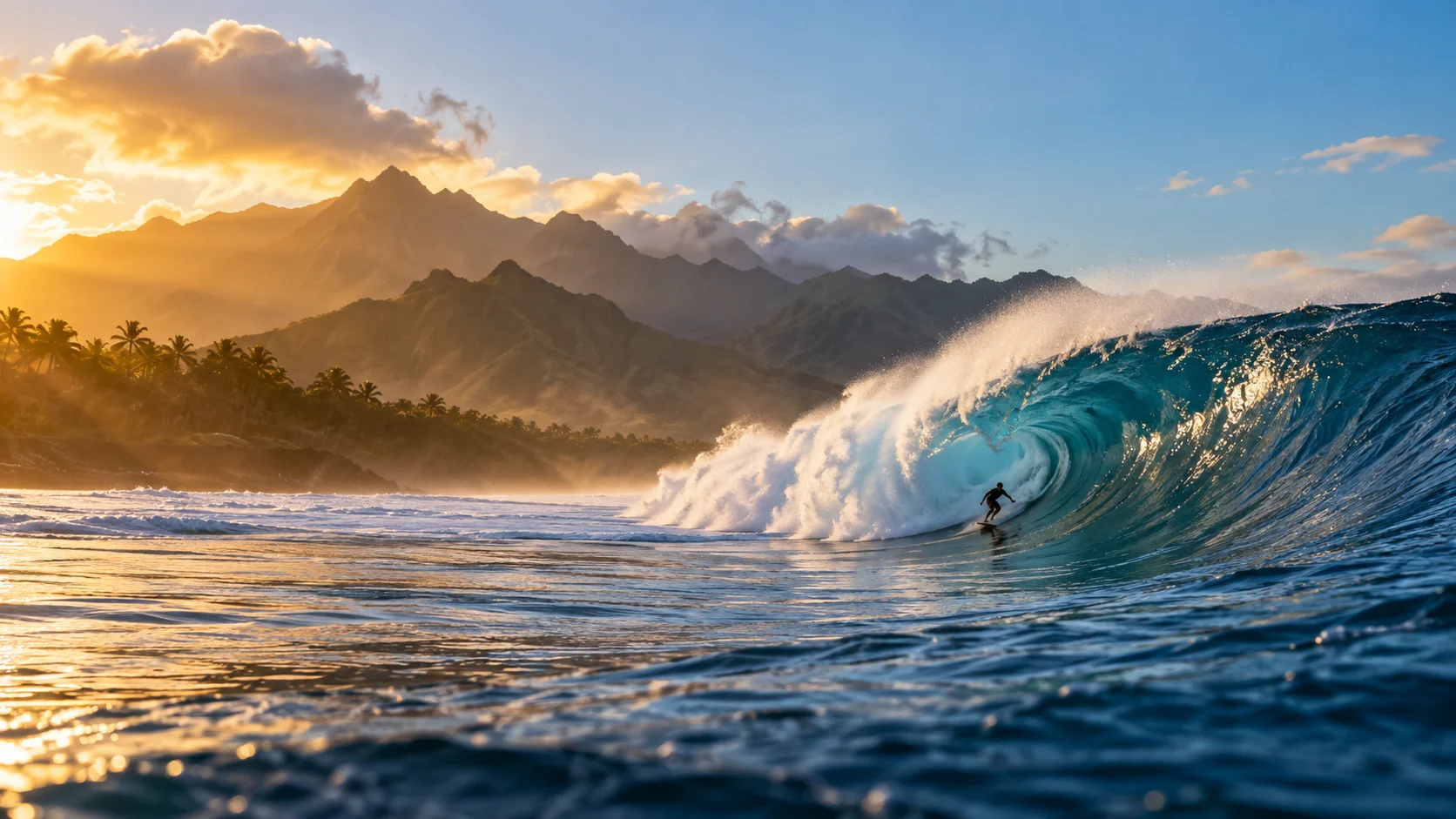 A surfer rides a powerful blue wave off a Hawaiian reef