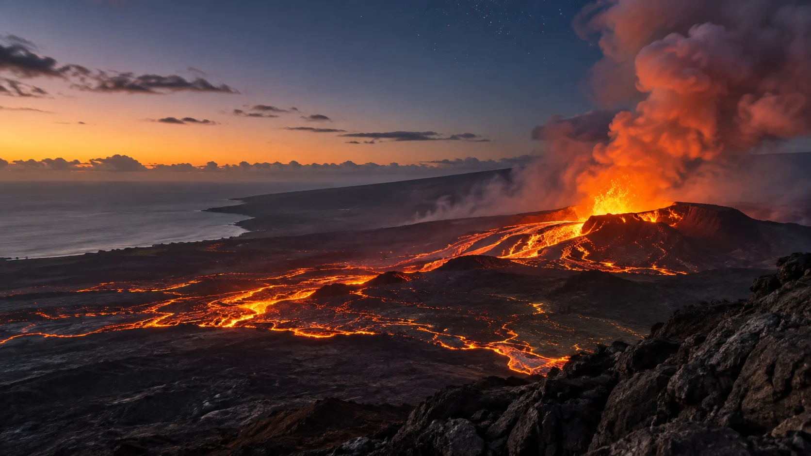 Glowing lava crosses a Hawaiian shield volcano at twilight