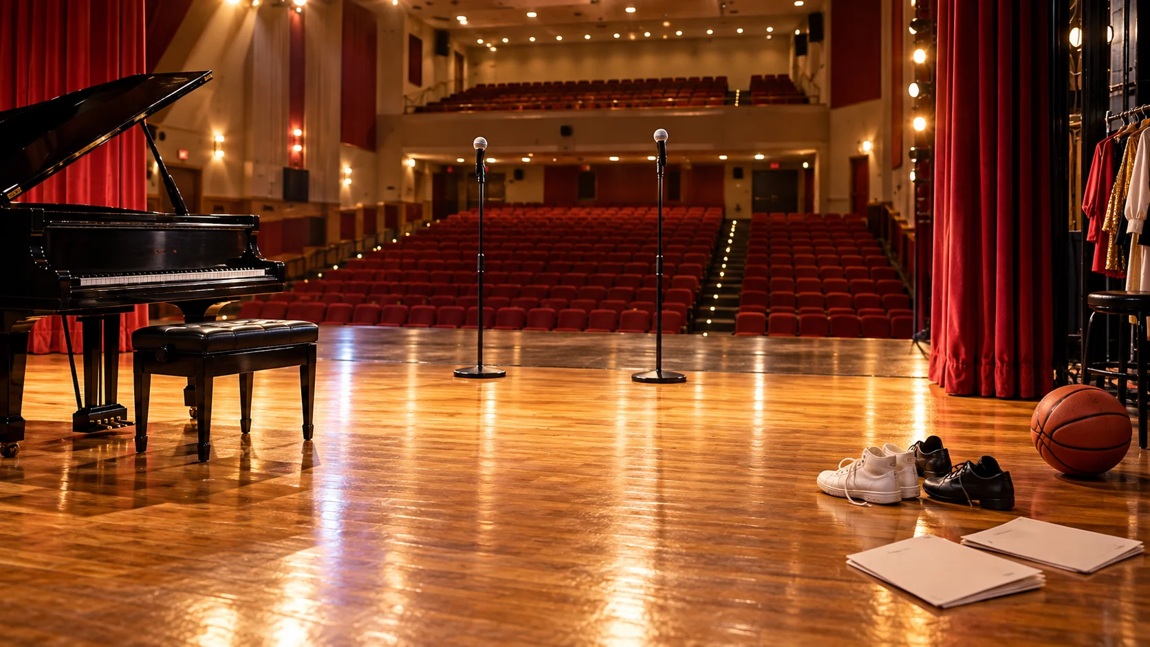 Empty school auditorium stage with piano, microphones, dance shoes, and a basketball