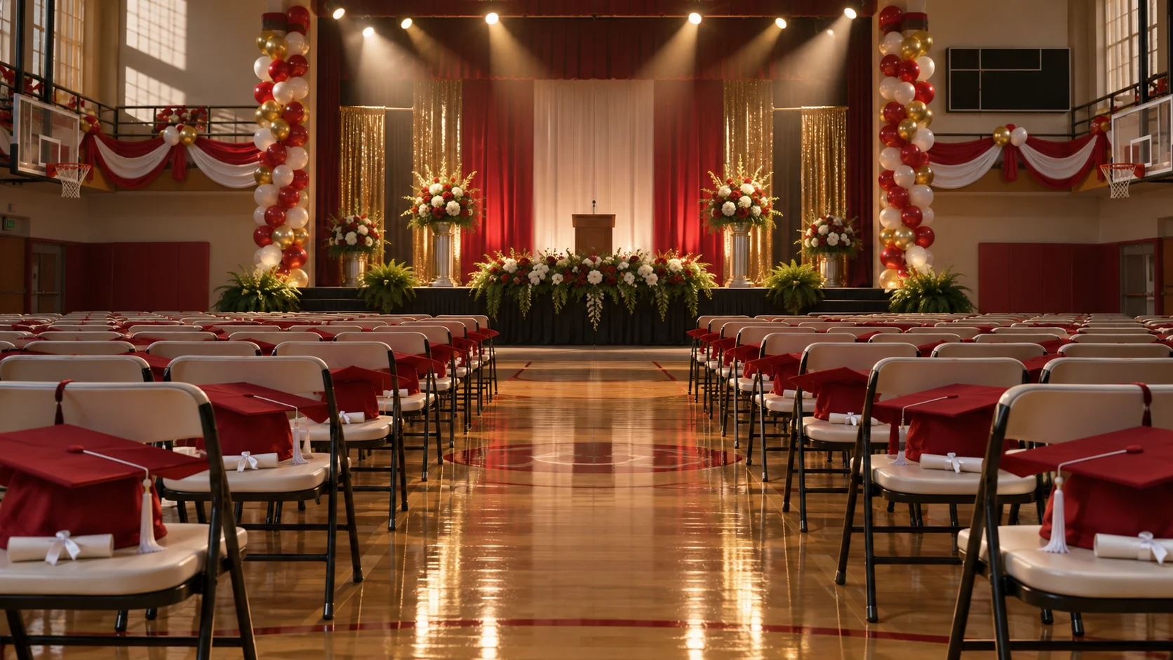 Decorated high school gym with red graduation caps and blank diplomas on empty chairs