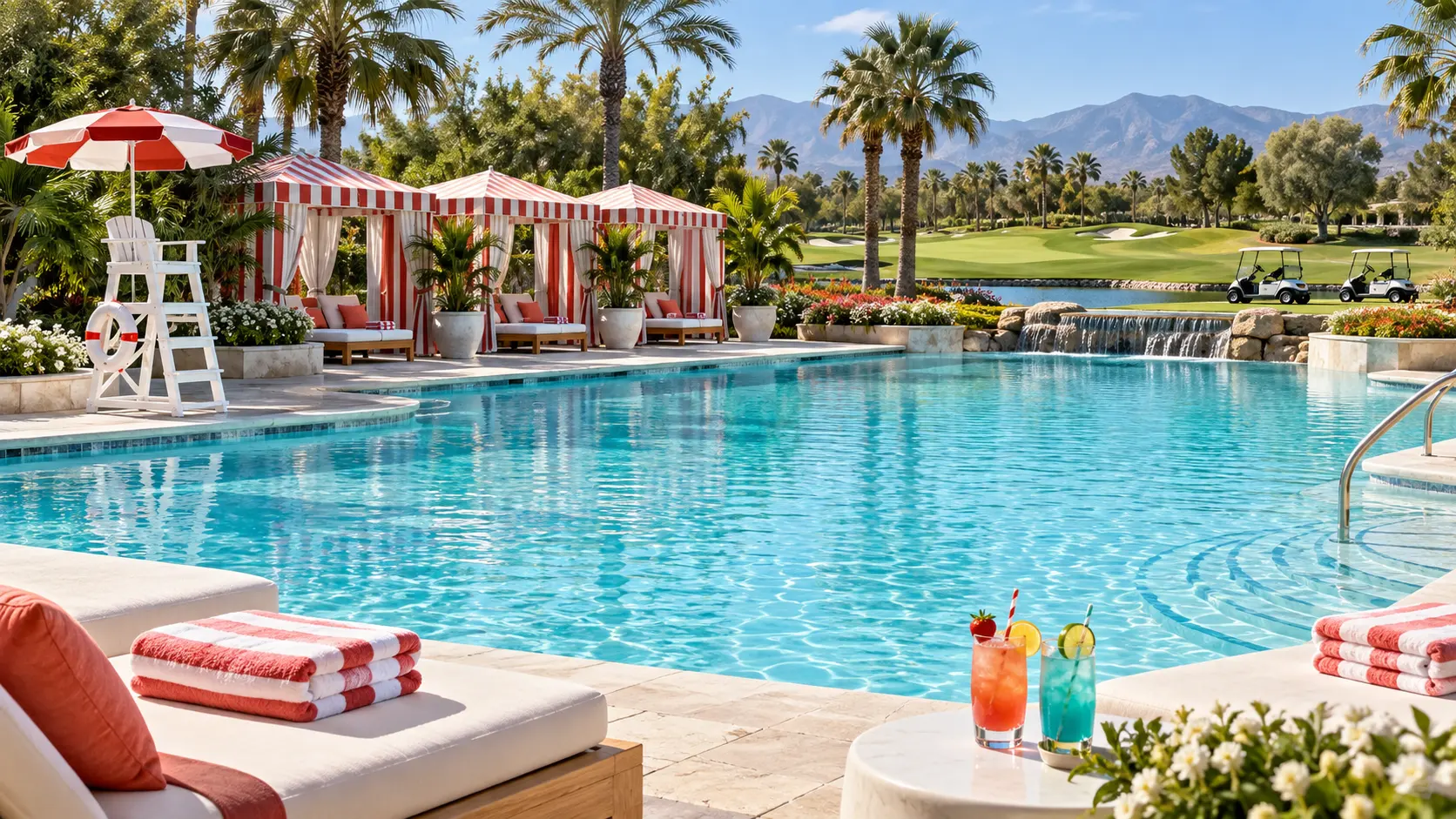 Sunny country club pool beside a golf course with striped cabanas and colorful drinks