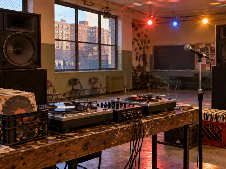 Turntables mixer speakers microphone and record crates in a 1970s community room