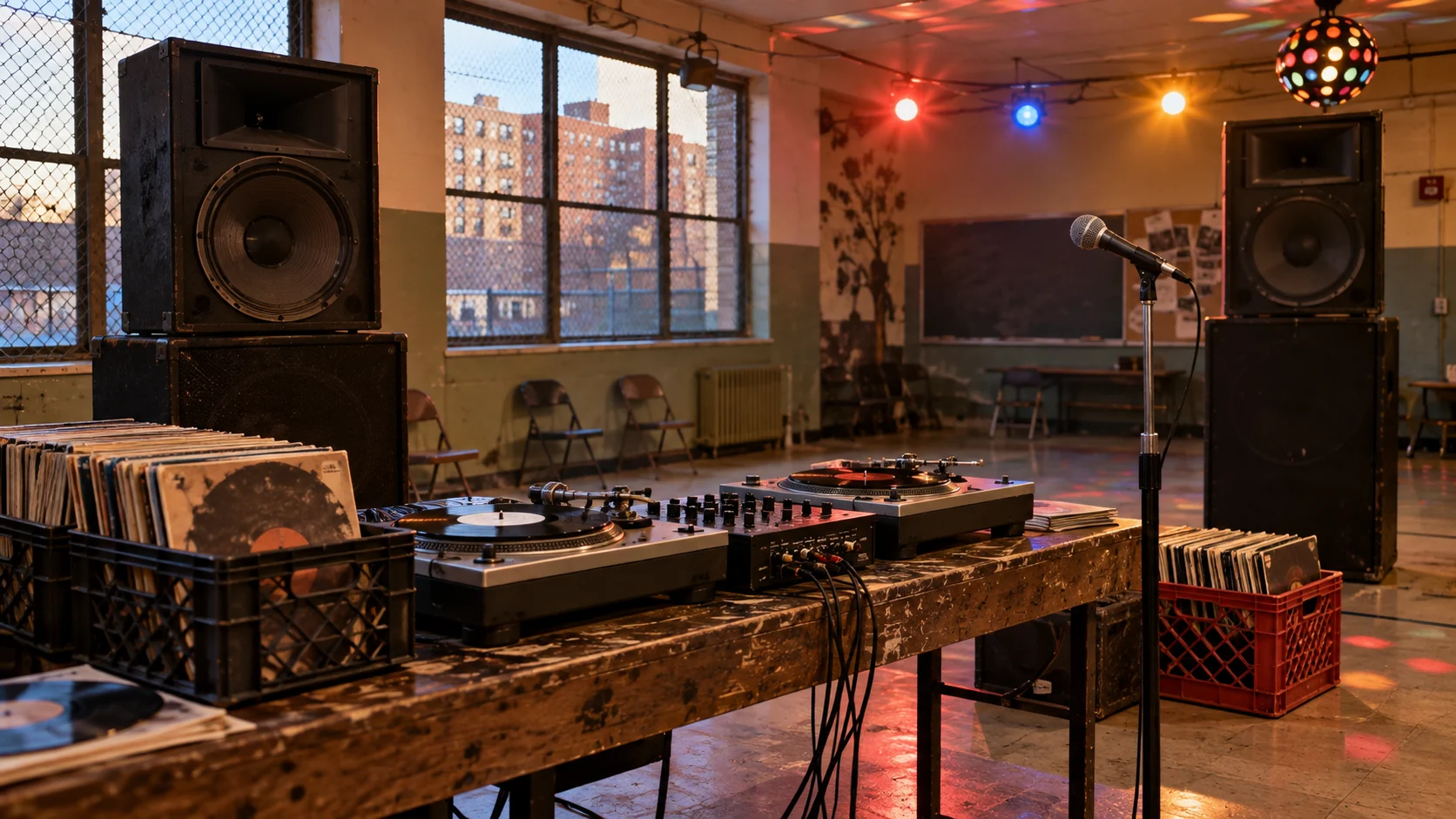 Turntables mixer speakers microphone and record crates in a 1970s community room