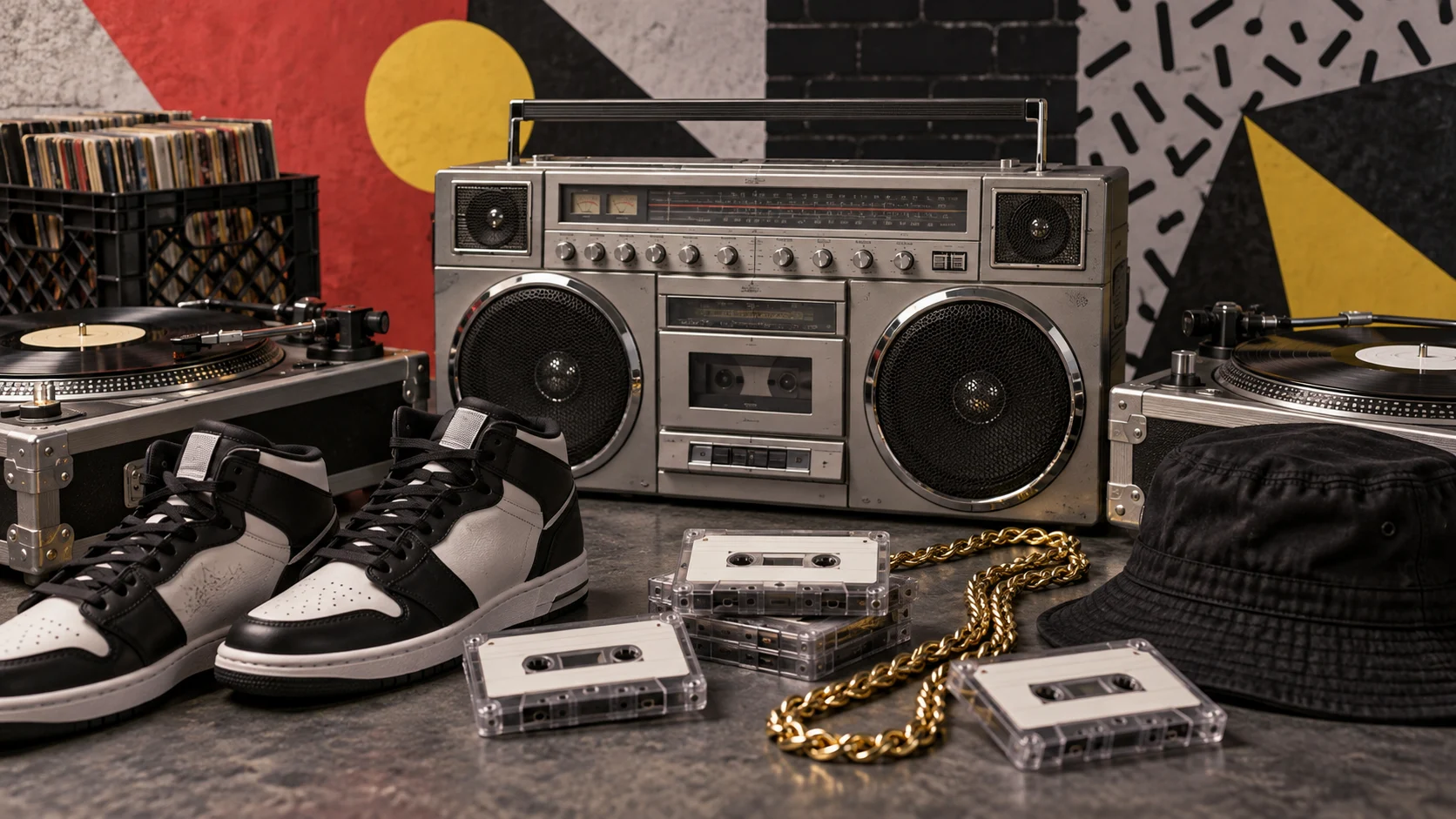 Boombox turntables cassettes sneakers chain and bucket hat in a geometric set