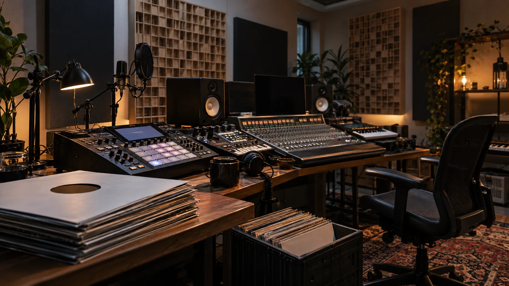 Drum machine sampler mixing console microphone and records in a modern studio