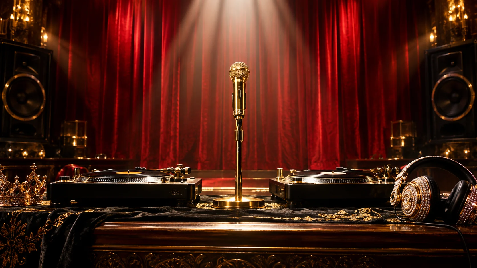 Gold microphone turntables red curtain and jeweled headphones under a spotlight