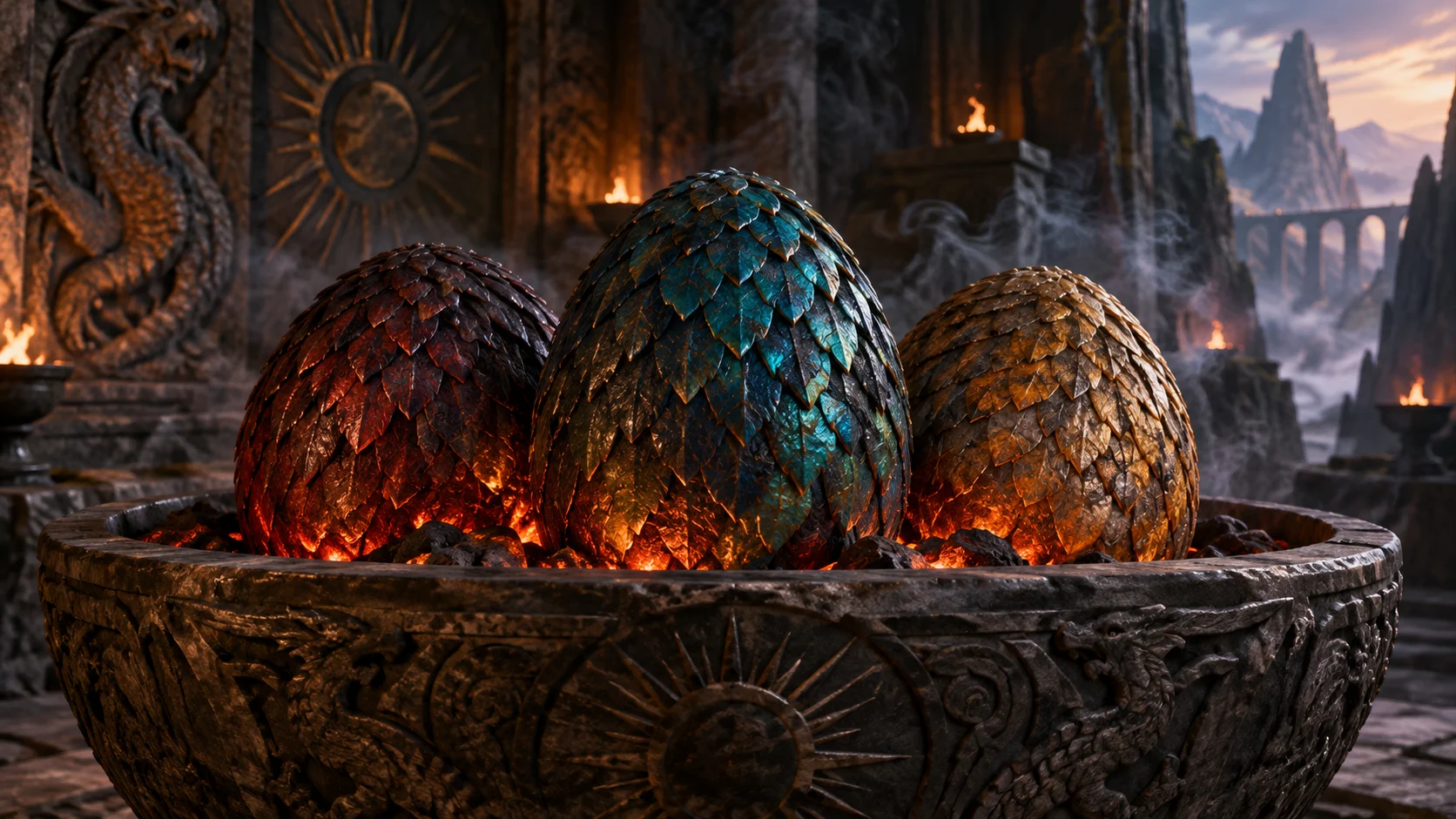 Three jewel-toned dragon eggs glow above hot embers