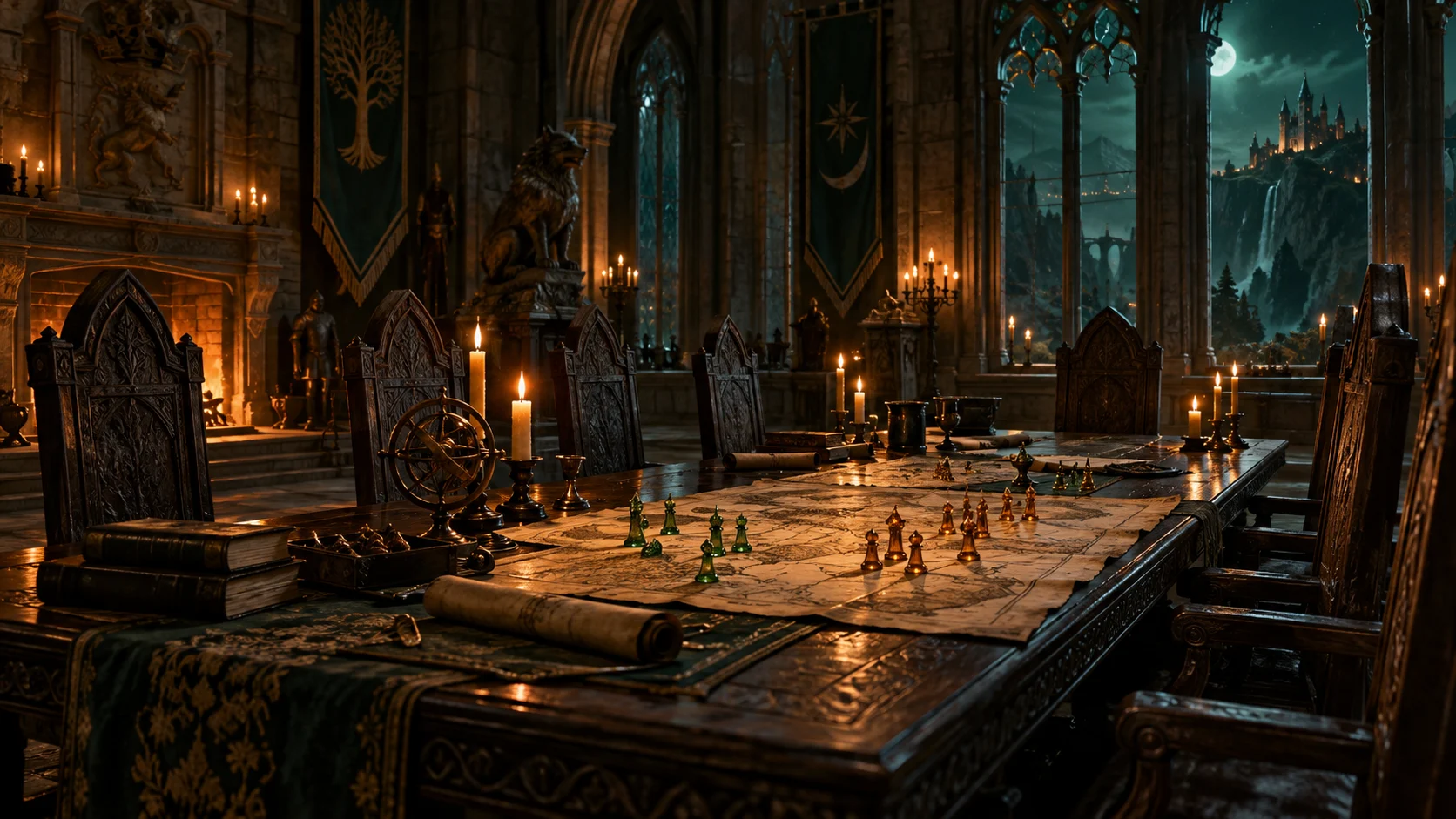 An empty candlelit royal council chamber with maps and strategy pieces