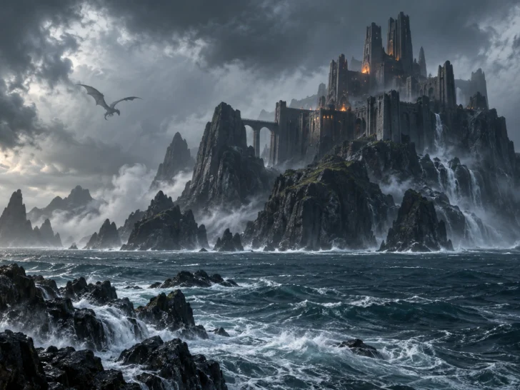 A dragon circles an ancient fortress above a stormy volcanic coast