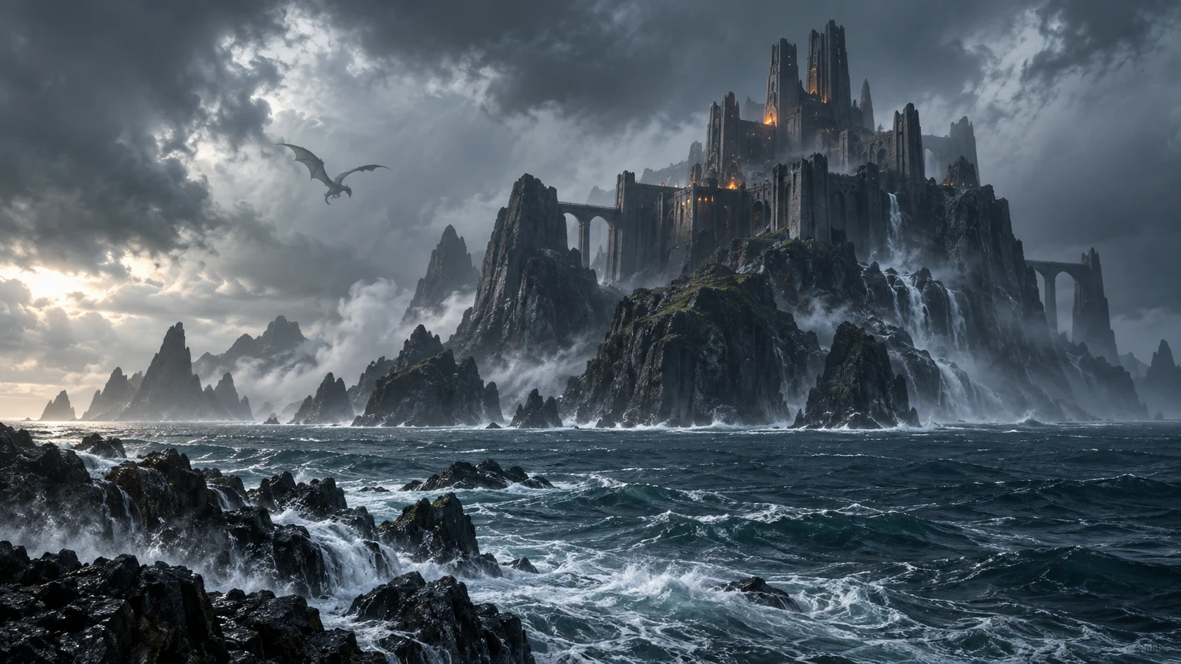 A dragon circles an ancient fortress above a stormy volcanic coast