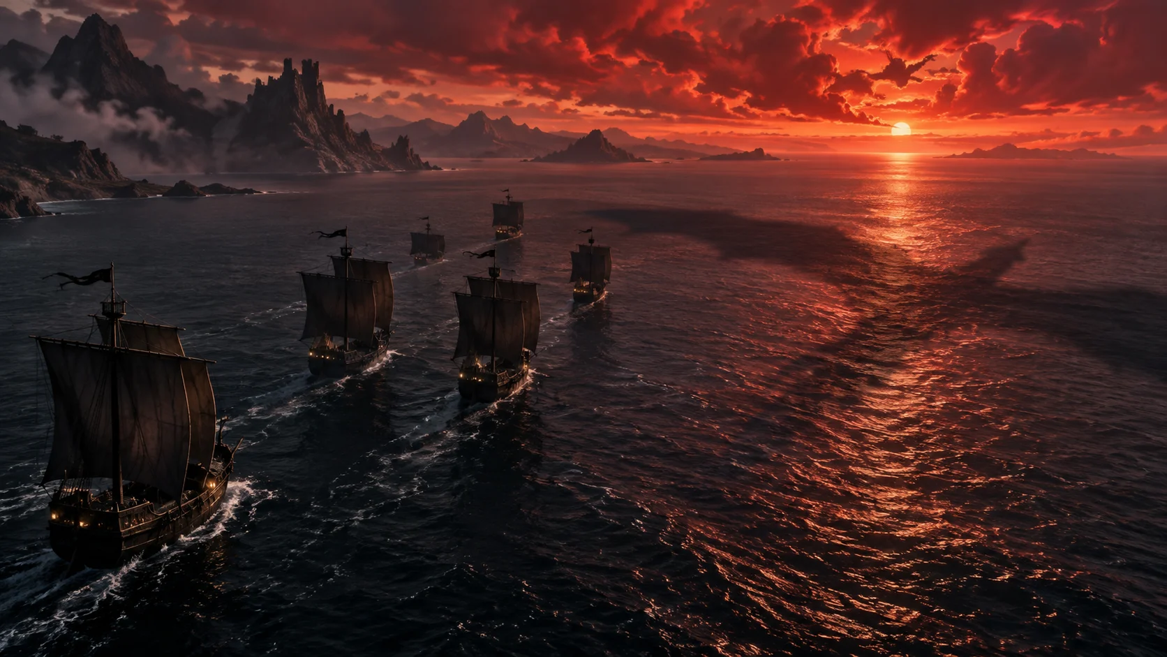 A medieval fleet sails beneath a fiery red sunset