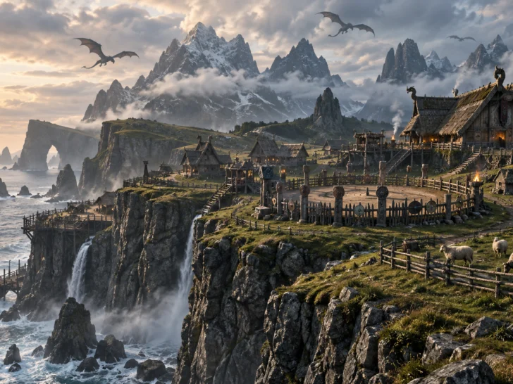 Rugged Viking island village with timber halls and distant dragon silhouettes