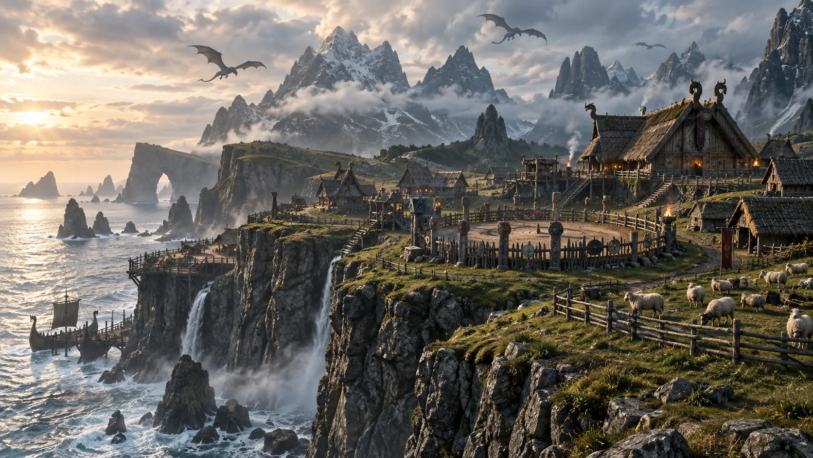 Rugged Viking island village with timber halls and distant dragon silhouettes