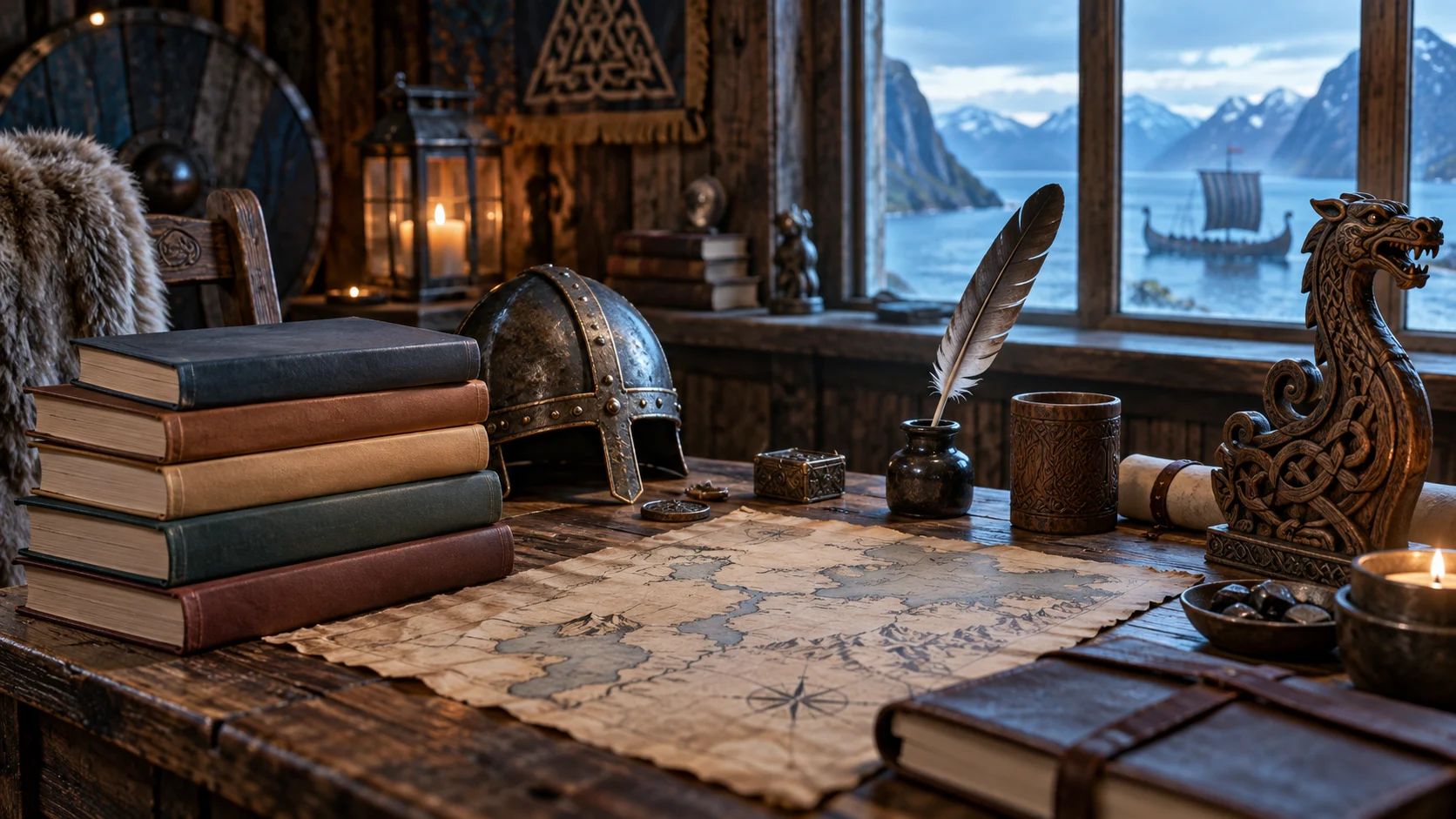 Blank adventure books Viking helmet quill map and wooden dragon on a desk