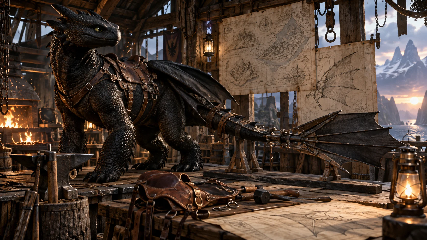 Leather saddle mechanical tail fin maps and tools in a dragon-rider workshop