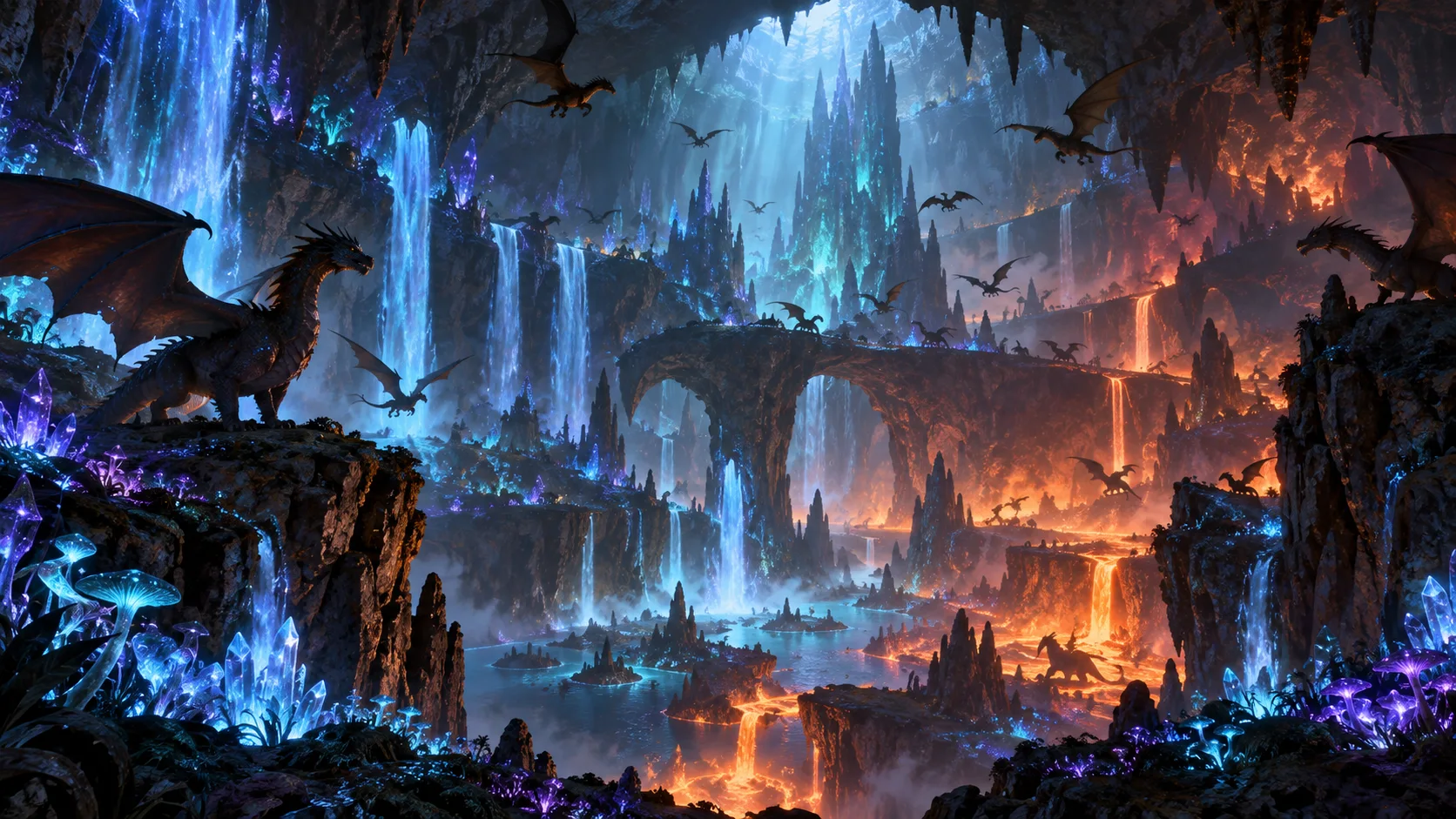 Bioluminescent underground dragon sanctuary with crystals and waterfalls
